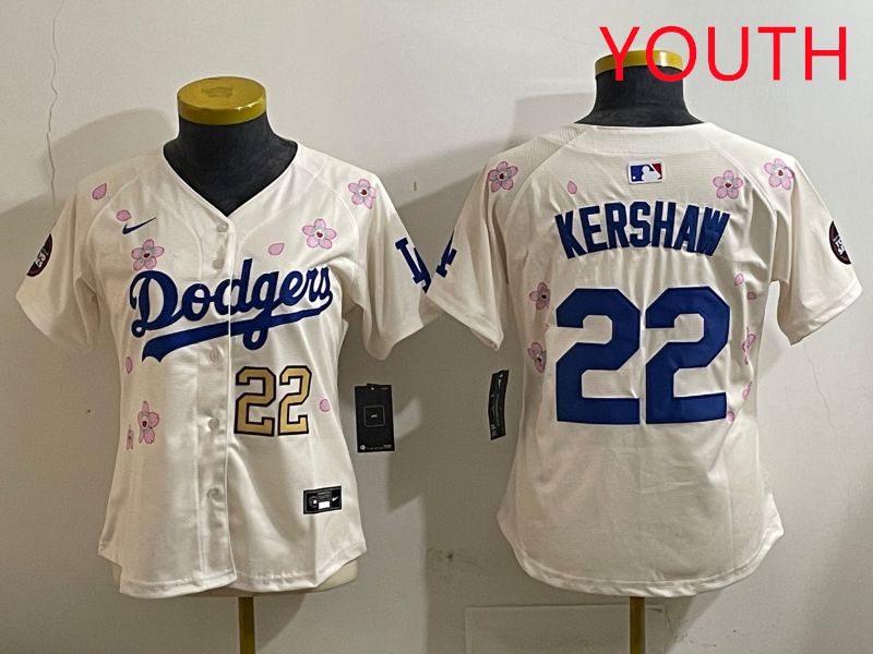 Youth Los Angeles Dodgers #22 Kershaw Cream Sakura Edition 2025 Nike MLB Jersey style 2->youth mlb jersey->Youth Jersey